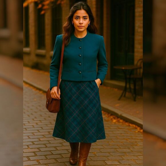 Vtg Pendleton Wool 2pc Suit Set Blue Blazer Plaid Skirt Academia Cottagecore USA - Picture 1 of 13